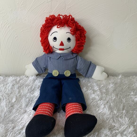 19" Vintage Handmade Raggedy Andy Doll Blue Striped Red Traditional - Picture 2 of 3